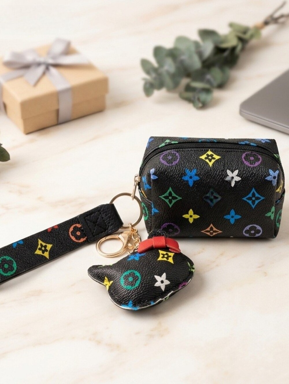 Black Multicolor Monogram With Hello Kitty Wristlet Keychain Pouch